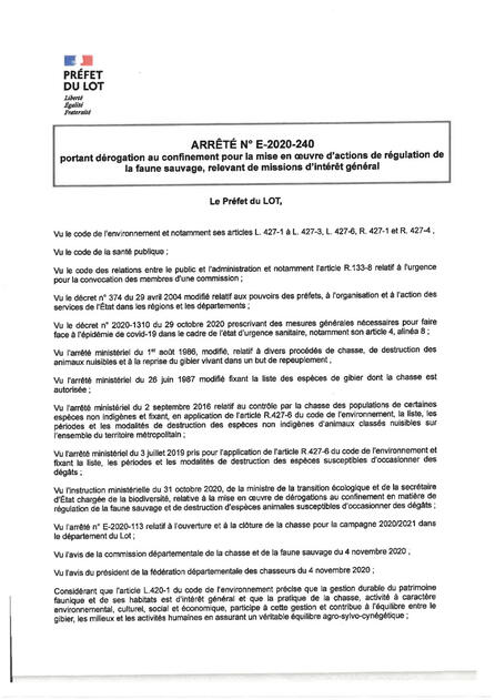 Arrêté préfectoral n° E-2020-240 portant dérogation au confinement pour la mise en œuvre d’actions de régulation de la faune sauvage, relevant de missions d’intérêt général