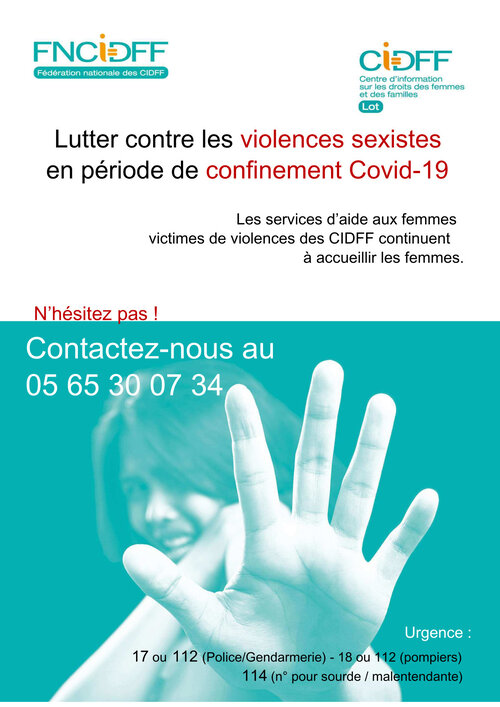 Les services d’aide aux femmes victimes de violences des CIDFF continuent à accueillir les femmes. N’hésitez pas ! Contactez-nous au 05 65 30 07 34. Urgence : 17 ou 112 (police / gendarmerie) – 18 ou 112 (pompiers) – 114 (n° pour sourde / malentendante)