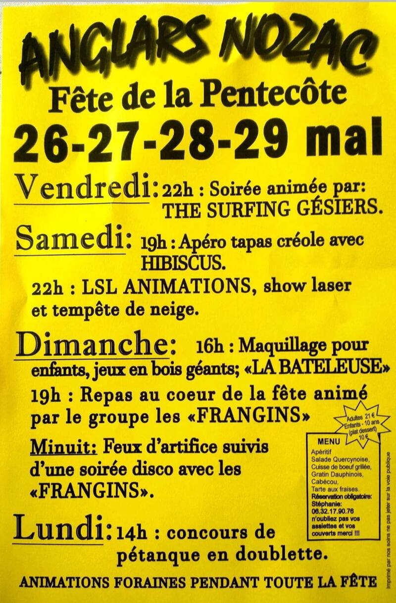 Vendredi 22 h : soirée animée par The Surfing Gésiers. Samedi 19 h : Apéro tapas créole avec Hibiscus ; 22 h : LSL Animations, show laser et tempête de neige. Dimanche 16 h : Maquillage pour enfants, jeux en bois géants, la Bateleuse ; 19 h : Repas au cœur de la fête animé par le groupe Les Frangins ; Minuit : Feux d’artifice suivis d’une soirée disco avec Les Frangins. Lundi 14 h : concours de pétanque en doublette.