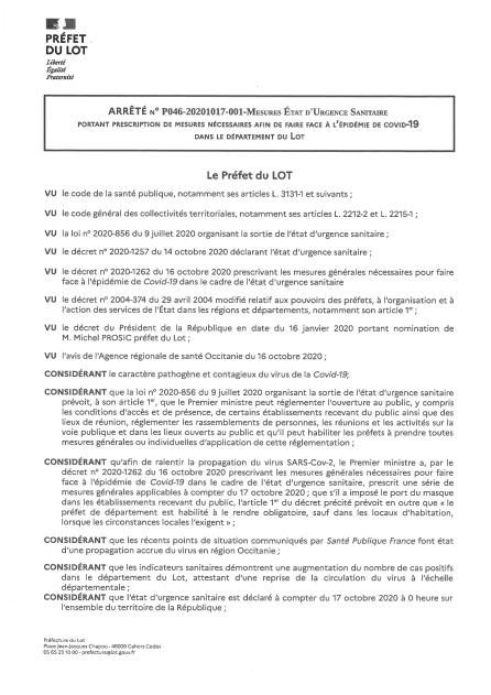 Arrêté préfectoral portant prescription de mesures nécessaires afin de faire face à l’épidémie de Covid-19 dans le département du Lot