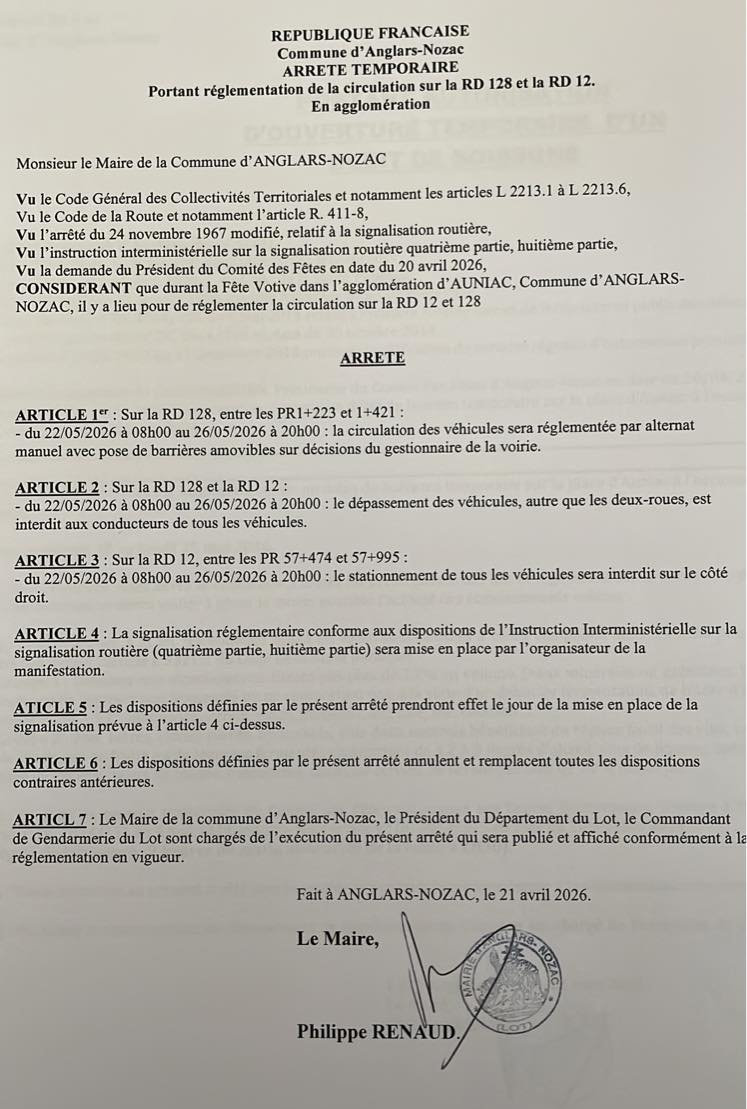 Arrêté municipal portant réglementation de la circulation sur la RD 128 et la RD 12 entre le 22 et le 26 mai