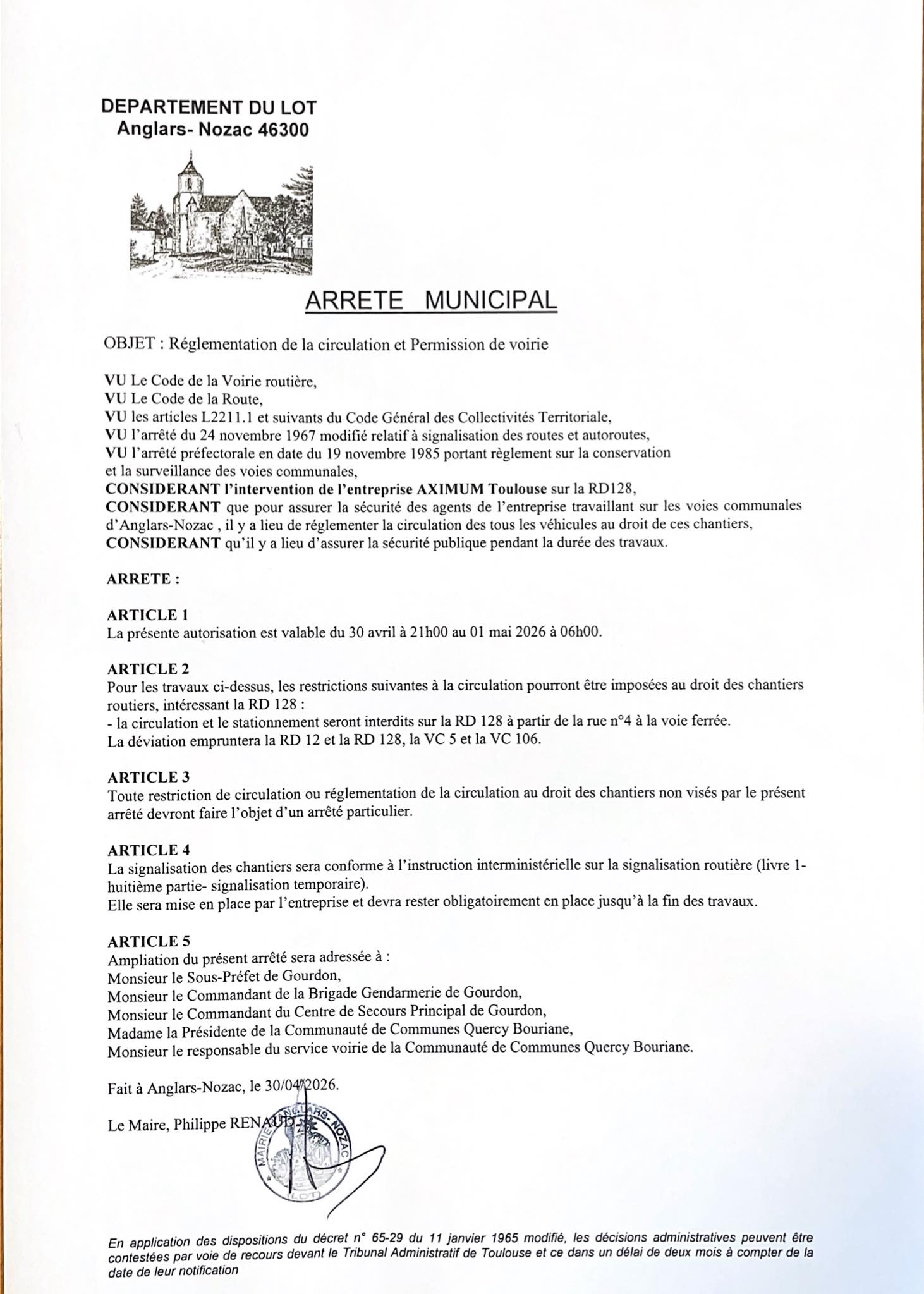 Du 30 avril 2026 21h au 1er mai 2026 à 6h, la circulation et le stationnement seront interdits sur la RD 128 de la rue n° 4 à la voie ferrée. La déviation empruntera la RD 12 et la RD 128, la VC 5 et la VC 106.