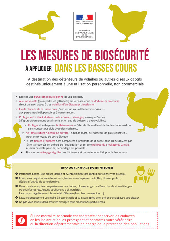 Les mesures de biosécurité à appliquer dans les basses-cours (cliquez sur ce lien pour télécharger le document au format PDF, 911 ko)