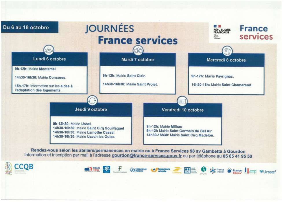 Affiche avec les dates et lieux des Journées France Services du 6 au 10 octobre.