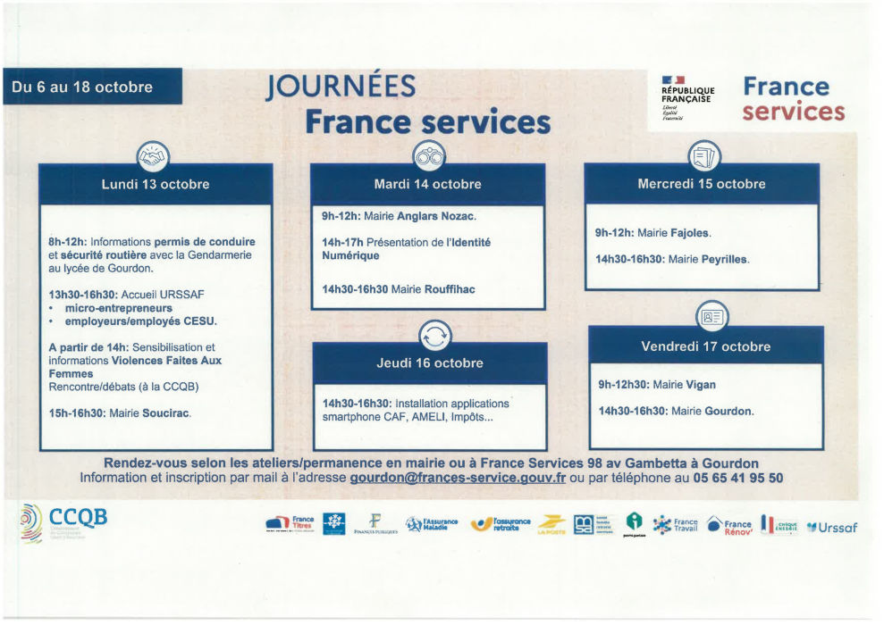 Affiche avec les dates et lieux des Journées France Services du 13 au 17 octobre, notamment à la mairie d’Anglars-Nozac le mardi 14 octobre de 9 h à 12 h.