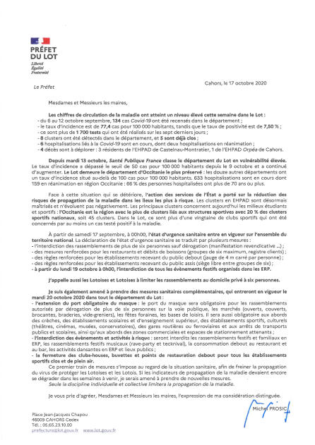 Lettre du préfet concernant l’état d’urgence sanitaire