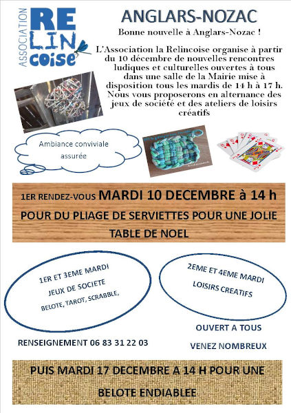 Nous vous proposerons en alternance des jeux de société et des ateliers de loisirs créatifs. 1er rendez-vous mardi 10 décembre à 14 h pour du pliage de serviettes pour une jolie table de Noël. 1er et 3e mardi : jeux de société, belote, tarot, scrabble. 2e et 4e mardi : loisirs créatifs. Renseignement : 06 83 31 22 03.