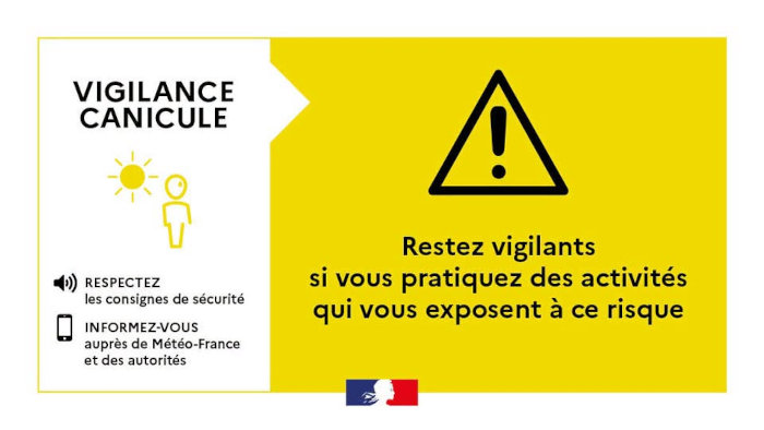Affiche vigilance canicule jaune : restez vigilants si vous pratiquez des activités qui vous exposent à ce risque