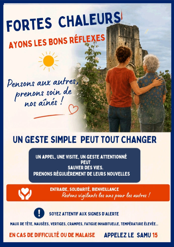 Fortes chaleurs, ayons les bons réflexes. Pensons aux autres, prenons soin de nos aînés ! Un appel, une visite, un geste attentionné peut sauver des vies. Prenons régulièrement de leurs nouvelles. Soyez attentifs aux signes d’alerte : maux de tête, nausées, vertiges, crampes, fatigue inhabituelle, température élevée... En cas de difficulté ou de malaise, appelez le SAMU 15