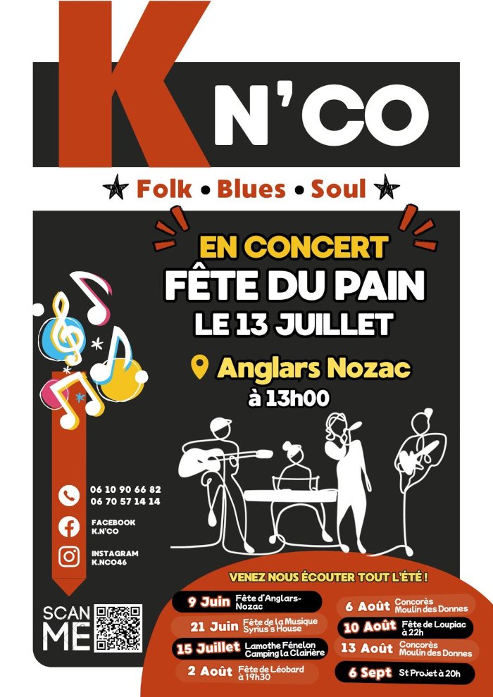 Kn’Co Folk - Blues - Soul en concert. Feête du pain le 12 juillet à Anglars-Nozac à 13h.