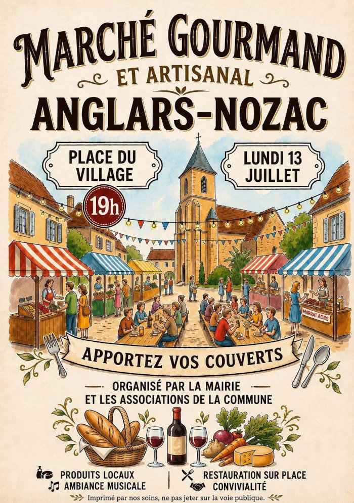 Marché gourmand et artisanal d’Anglars-Nozac. Place du village à 19 h lundi 13 juillet 2026. Apportez vos couverts. Organisé par la mairie et les associations de la commune. Produits locaux. Ambiance musicale. Restauration sur place. Convivialité.