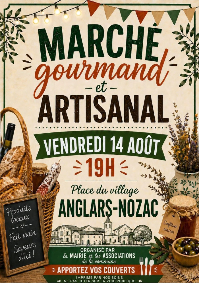 Marché gourmand et artisanal vendredi 14 août à 19h, place du village, Anglars-Nozac. Produits locaux, fait main, saveurs d’ici ! Organisé par la mairie et les associations de la commune. Apportez vos couverts.
