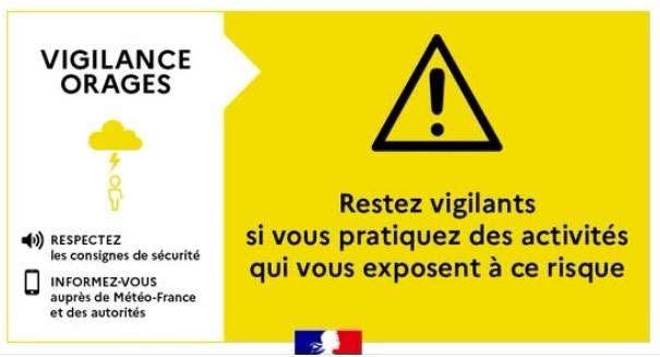 Affiche vigilance orage jaune : restez vigilants si vous pratiquez des activités qui vous exposent à ce risque