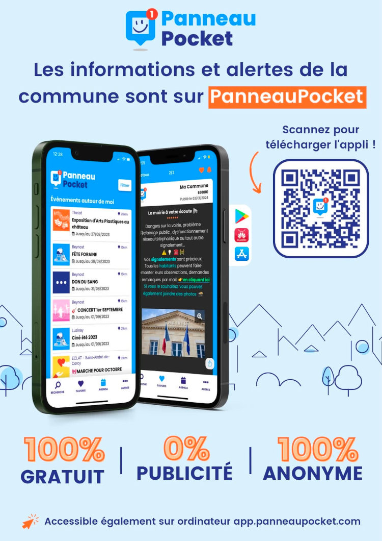 Affiche Panneau Pocket : les informations et alertes de la commune. 100 % gratuit, 0 % publicité, 100 % anonyme