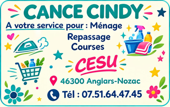 Cancé Cindy à votre service pour : ménage, repassage, courses. CESU. 07 51 64 47 45.