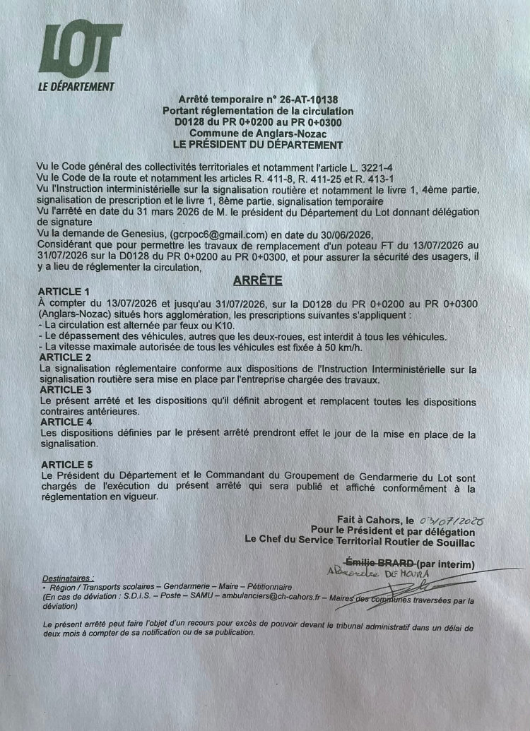 Arrêté temporaire portant réglementation de la circulation sur la D0128. À compter du 13/07/2026 et jusqu’au 13/07/2026, la circulation est alternée par feux, le dépassement des véhicules autres que les deux-roues est interdit et la vitesse maximale est fixée à 50 km/h.
