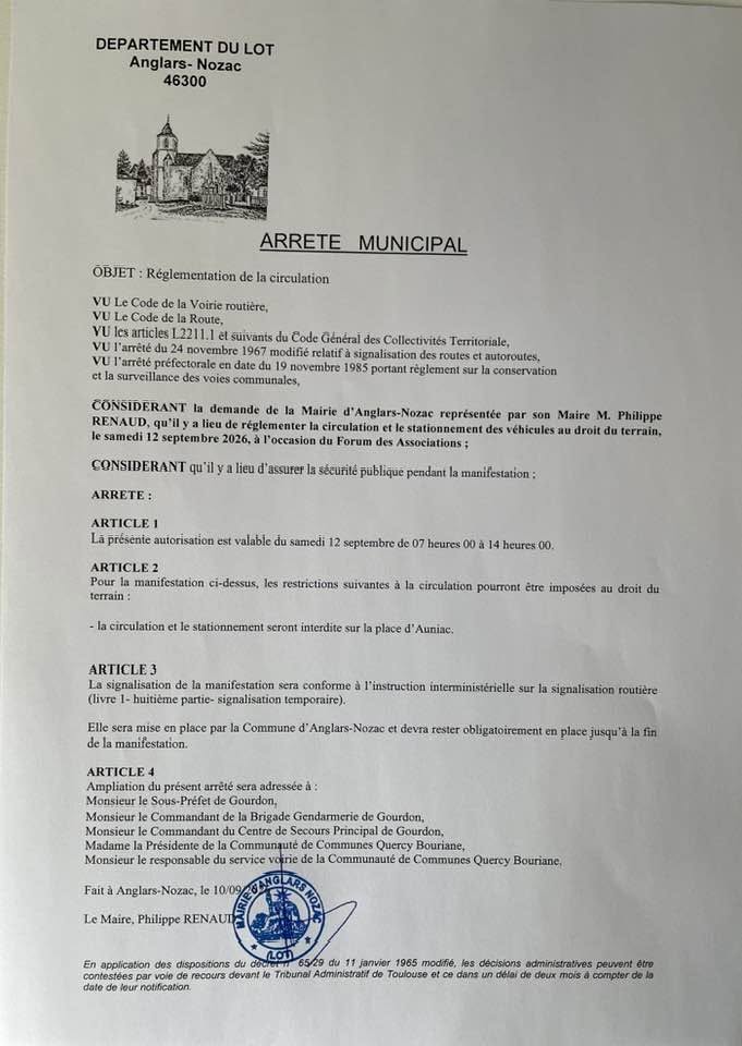 Arrêté municipal réglementant la circulation et le stationnement des véhicules à l’occasion du forum des associations : le samedi 12 septembre de 7 h à 14 h, la circulation et le stationnement sont interdits sur la place d’Auniac