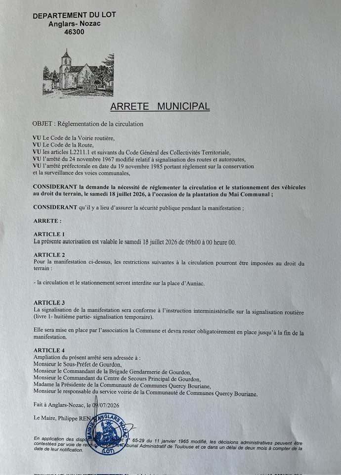 La circulation et le stationnement seront interdits sur la place d’Auniac le samedi 18 juillet de 9h à minuit pour la plantation du mai communal