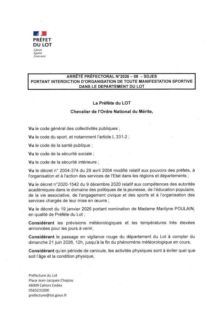 Première page de l’arrêté préfectoral portant interdiction d’organisation de toute manifestation sportive dans le département du Lot du 21 juin à 12h jusqu’à la fin du placement du département en vigilance météorologique rouge.