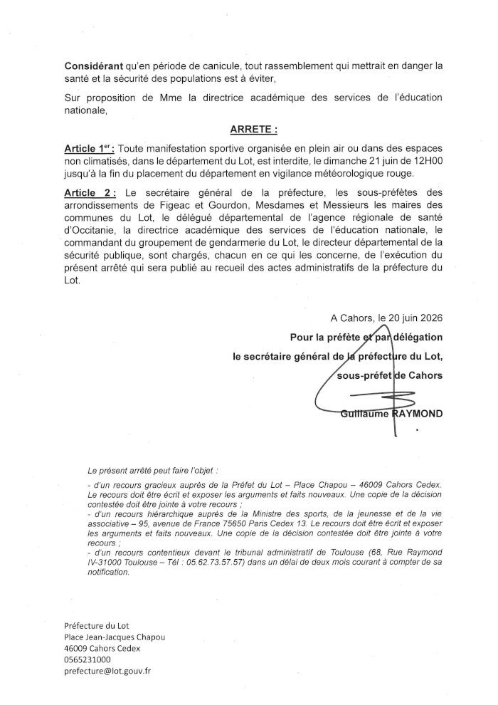 Seconde page de l’arrêté préfectoral portant interdiction d’organisation de toute manifestation sportive dans le département du Lot du 21 juin à 12h jusqu’à la fin du placement du département en vigilance météorologique rouge.