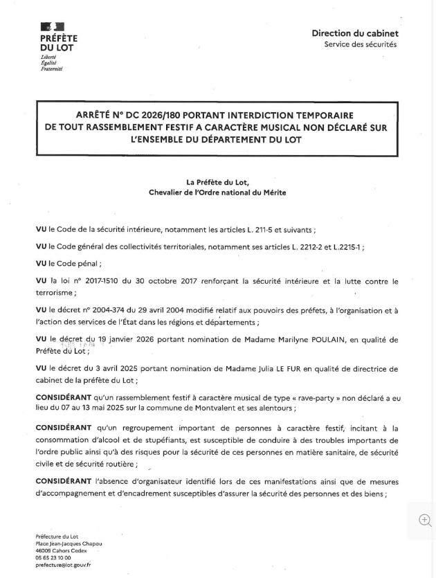 Première page de l’arrêté préfectoral portant interdiction temporaire de tout rassemblement festif à caractère musical non déclaré applicable du 1er juin au 1er juillet 2026.