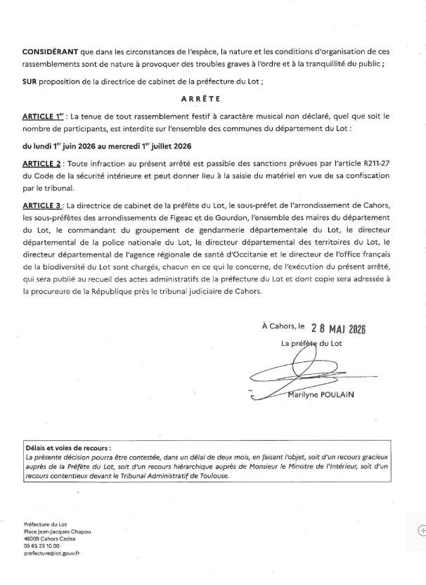 Seconde page de l’arrêté préfectoral portant interdiction temporaire de tout rassemblement festif à caractère musical non déclaré applicable du 1er juin au 1er juillet 2026.