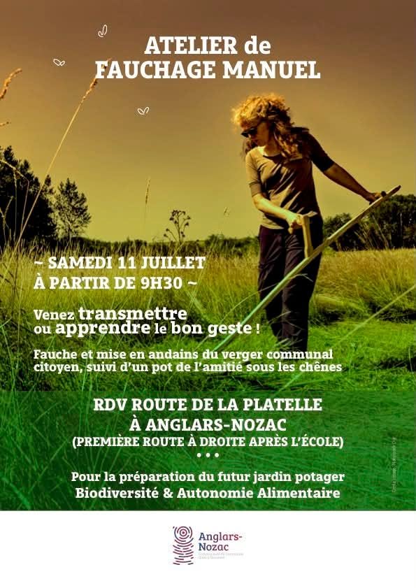 Affiche pour l’atelier de fauchage manuel route de la Platelle (première route à droite après l’école).