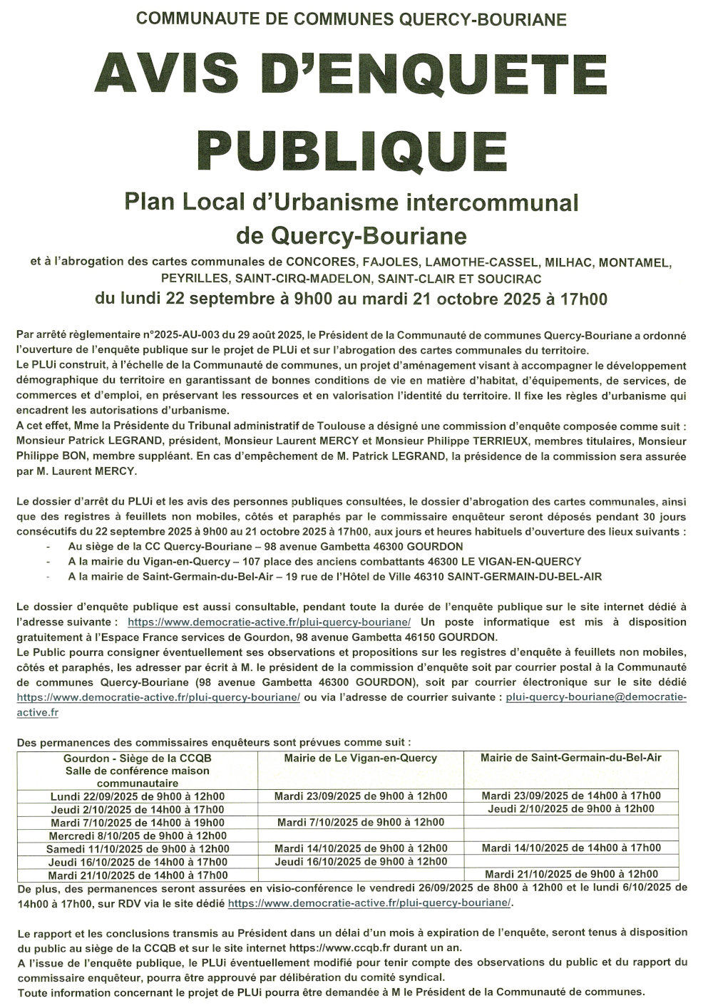 Avis d’enquête publique Plan Local d’Urbanisme de Quercy-Bouriane du lundi 22 septembre au mardi 21 octobre 2025.
