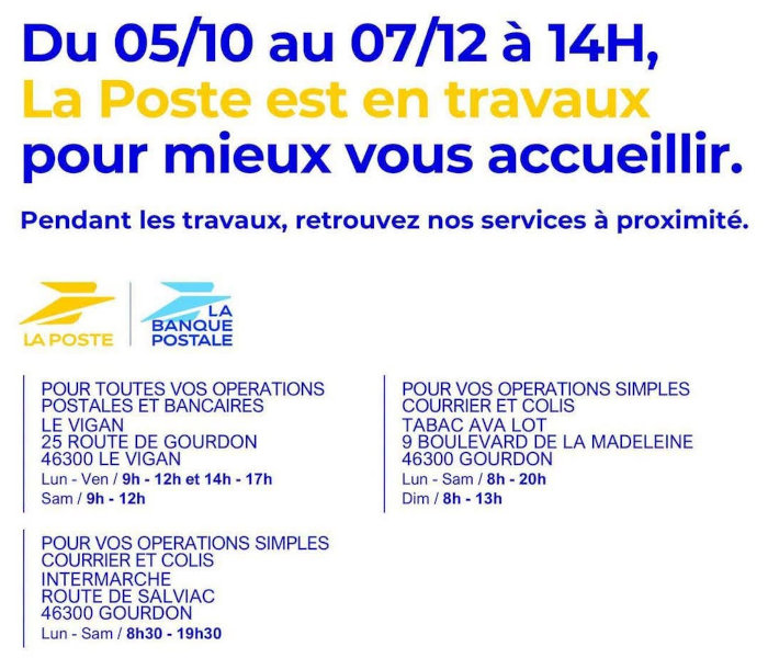 Affiche concernant la fermeture temporaire de la Poste et reprenant les informations ci-dessus.