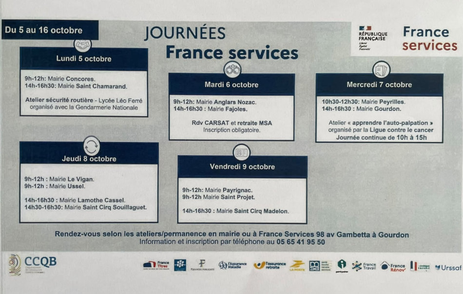 Affiche pour les Journées France Services, avec notamment une permanence le mardi 6 octobre de 9 h à 12 h à la mairie d’Anglars-Nozac