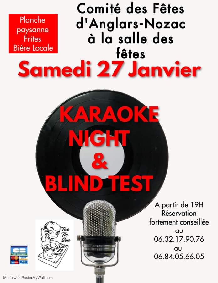 Comité des fêtes d’Anglars-Nozac à la salle des fêtes samedi 27 janvier : Karaoké Night & Blind Test. Planche paysanne, frites, bière locale. À partir de 19h. Réservation fortement conseillée au 06 32 17 90 76 ou 06 84 05 66 05.