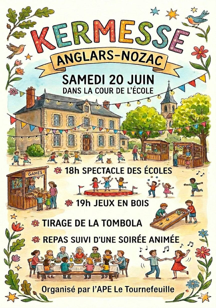 Kermesse samedi 20 juin dans la cour de l’école d’Anglars-Nozac. 18 h : spectacle des écoles. 19 h : jeux en bois. Tirage de la tombola. Repas suivi d’une soirée animée. Organisé par l’APE Le Tournefeuille