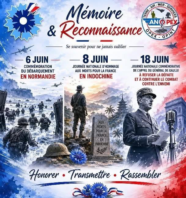 6 juin : commémoration du débarquement en Normandie. 8 juin : journée nationale d’hommage aux Morts pour la France. 18 juin : journée nationale commémorative de l’appel du Général de Gaulle à refuser la défaite et à continuer le combat contre l’ennemi