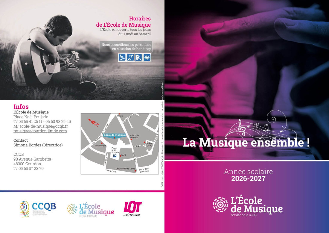 L’école de musique, saison 2026-2027. L’école est ouverte tous les jours du lundi au samedi. Nous accueillons les personnes en situation de handicap. Place Noël Poujade. Tél. : 05 65 41 26 11 / 06 63 98 29 45. Mail : ecole-de-musique@gourdon.fr. Contact : Simona Bordes (directrice)