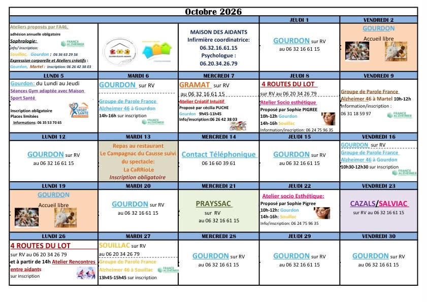 Planning de la Maison des Aidants pour le mois d’octobre 2026