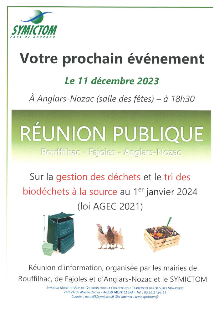 Votre prochain événement du SYMICTOM le 11 décembre 2023 à Anglars-Nozac (salle des fêtes) à 18h30 : réunion publique sur la gestion des déchets et le tri des biodéchets à la source au 1er janvier 2024 (loi AGEC 2021).
