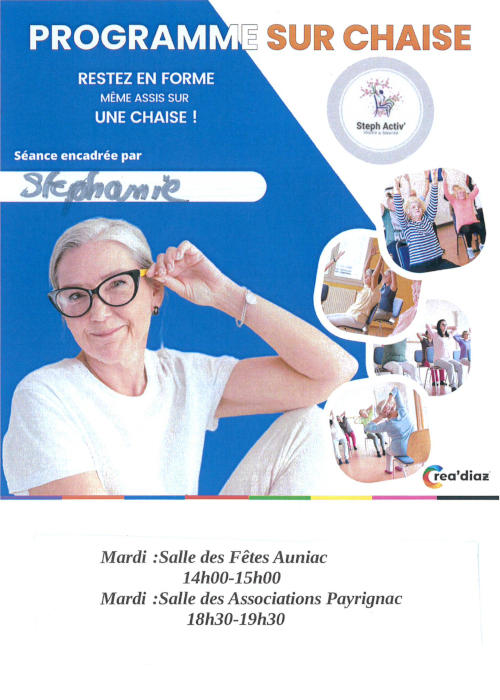 Affiche du Programme sur chaise : restez en forme, même assis sur une chaise, les mardis à la salle des fêtes de 14h à 15h.
