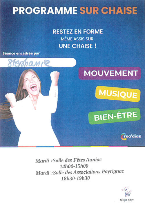 Affiche du Programme sur chaise : restez en forme, même assis sur une chaise — mouvement, musique, bient-être — les mardis à la salle des fêtes de 14h à 15h.